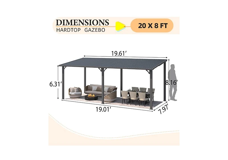 Aecojoy 20' x 8' Hardtop Gazebo Outdoor Pergola Lean to Metal Pergolas