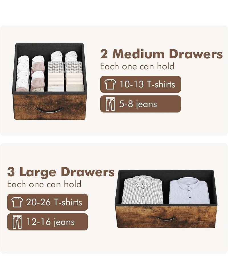 gaomon 5 Drawer Dresser for Bedroom - Storage Organizer Unit with Fabric, Sturdy Metal Frame and Wood Tabletop, Easy Pull Handle.