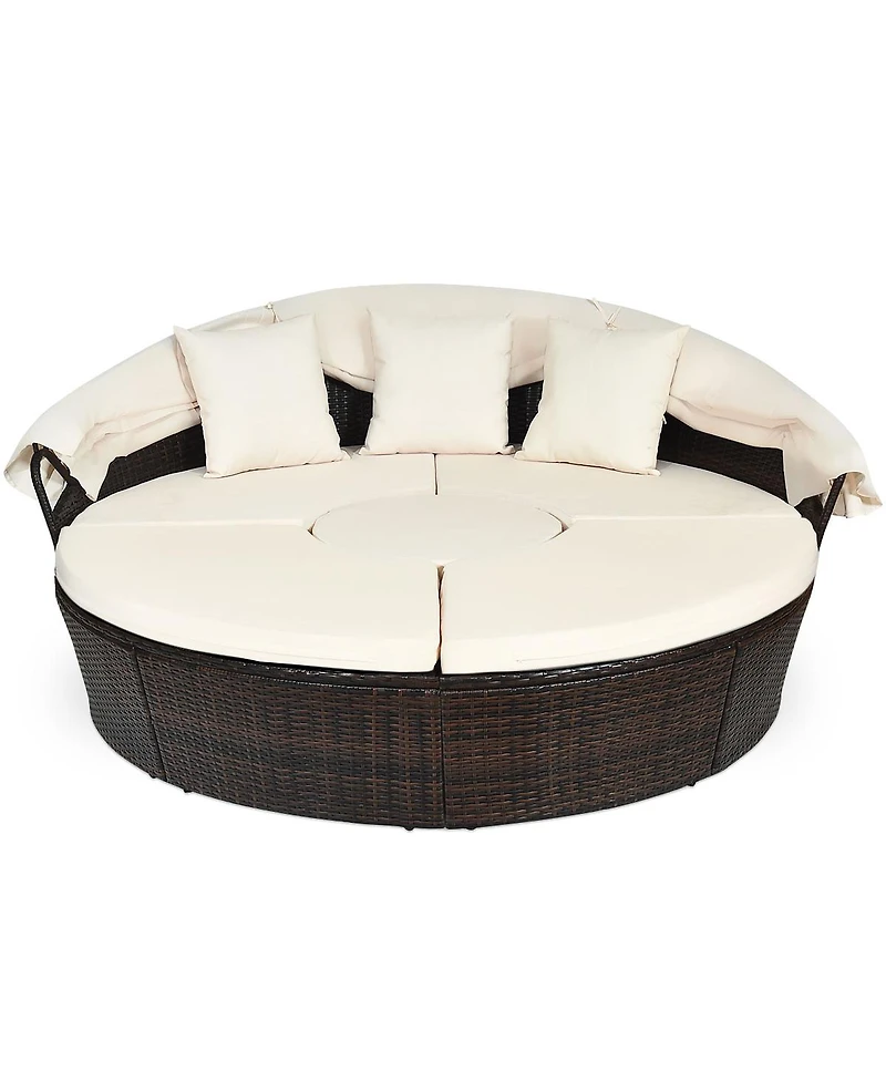 Gymax Cushioned Patio Rattan Round Daybed w/ Adjustable Table 3 Pillows Canopy