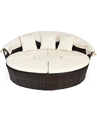Gymax Cushioned Patio Rattan Round Daybed w/ Adjustable Table 3 Pillows Canopy