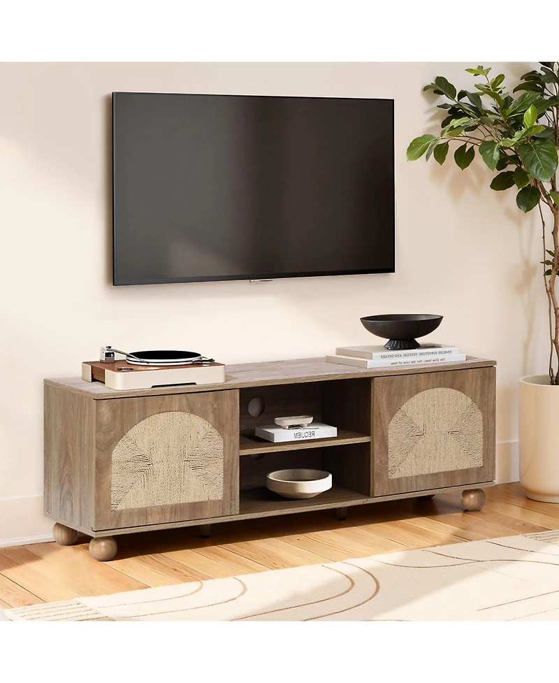 LuxenHome Oak Finish Engineered Wood Tv Console, Round Ball Legs, Functional Storage