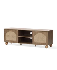 LuxenHome Oak Finish Engineered Wood Tv Console, Round Ball Legs, Functional Storage