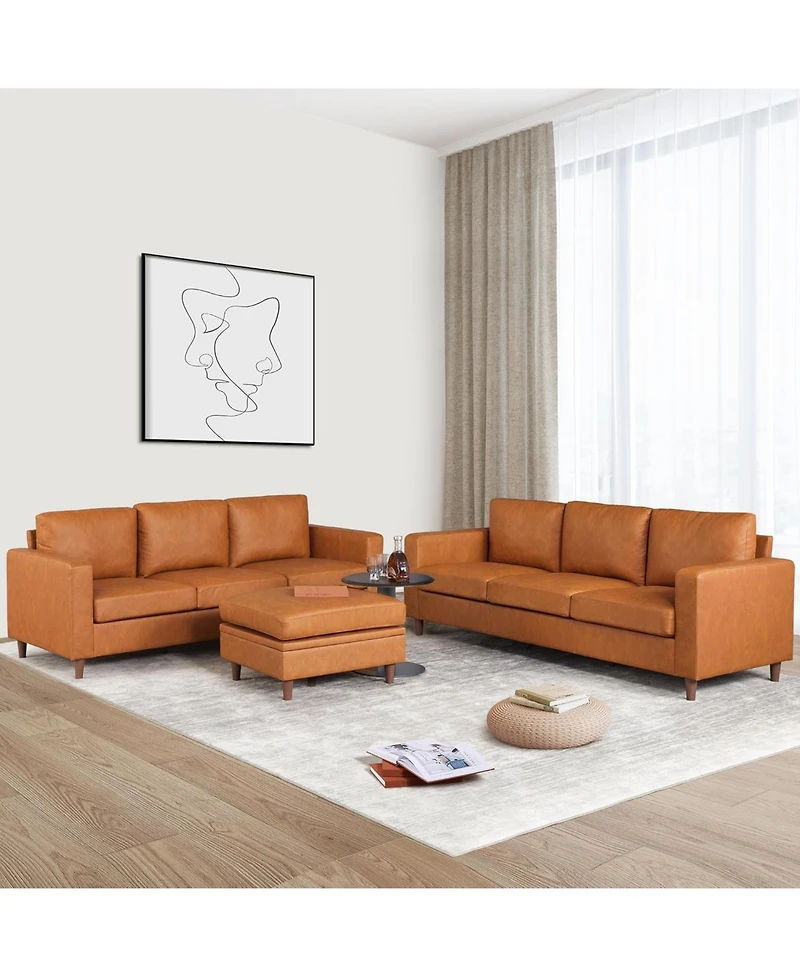 gaomon 85" Mid-Century 3-Seater Sofa Couch, Faux Leather Deep Seat, Comfy Cushions