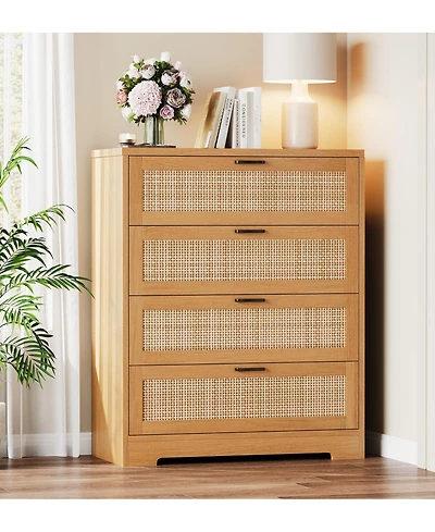 gaomon 4 Drawer Dresser for Bedroom, Rattan Chest of Dressers, Modern Wood Tall with Power Outlets