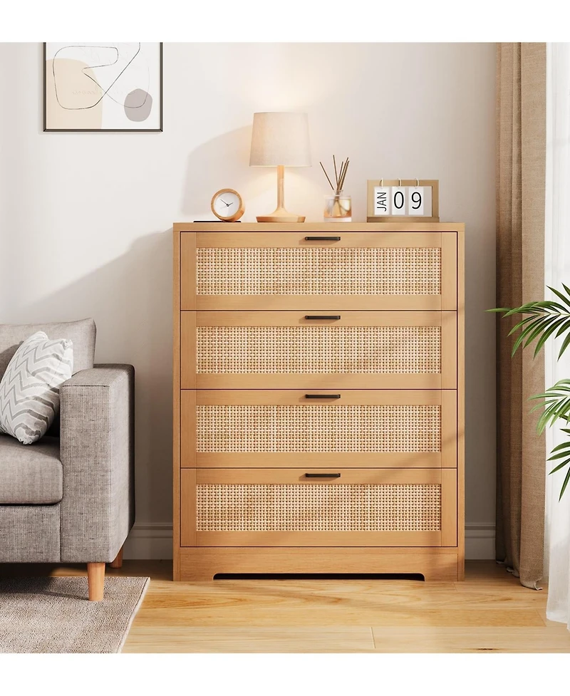 gaomon 4 Drawer Dresser for Bedroom, Rattan Chest of Dressers, Modern Wood Tall with Power Outlets