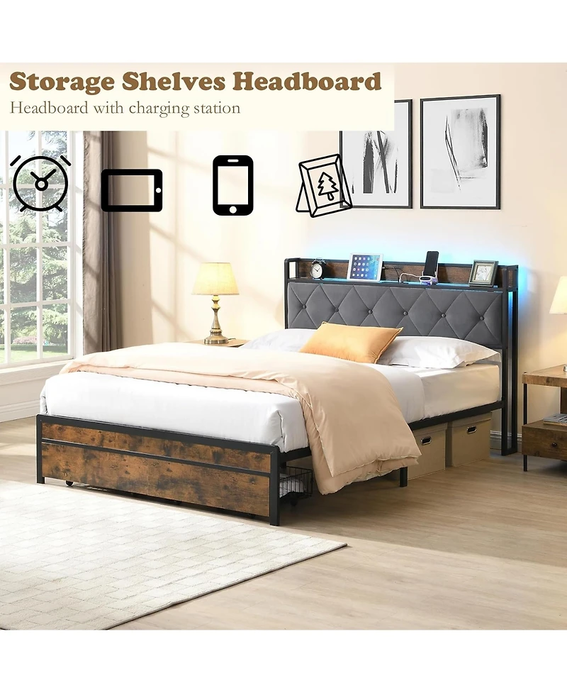 Rainsken Queen Size Heavy Duty Metal Platform Bed Frame with 2 Storage Drawers, Charging Station and Led Light Upholstered Headboard for Bedroom