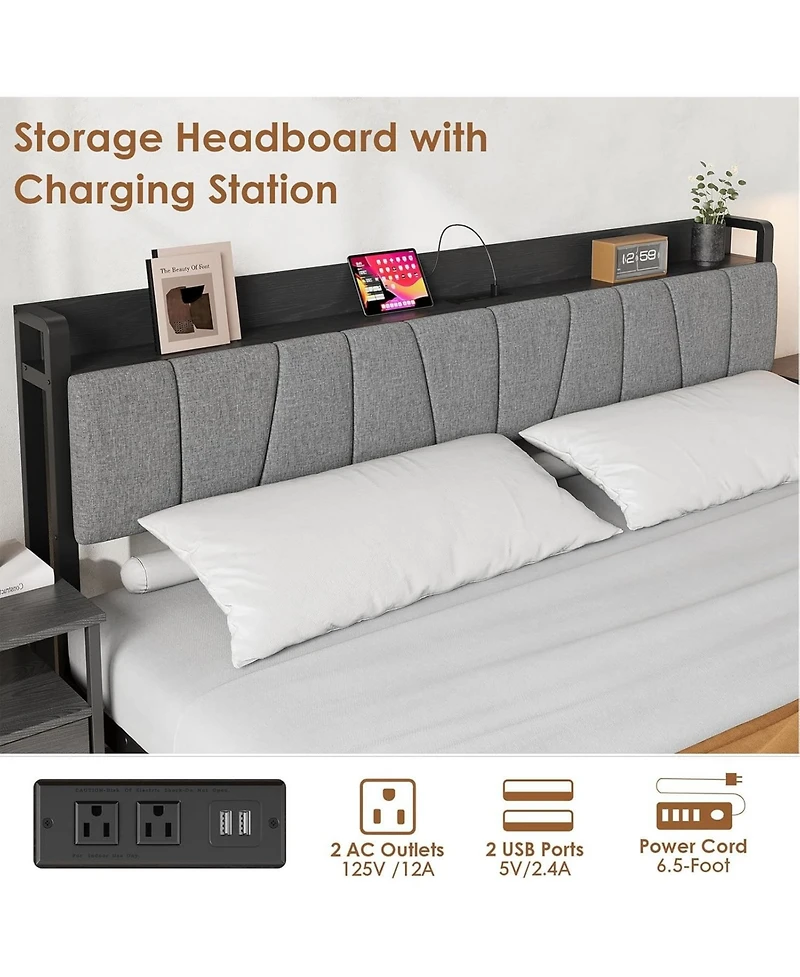 gaomon Queen Industrial Platform Bed with Storage Headboard, 2 Drawers & Charging Station, No Box Spring