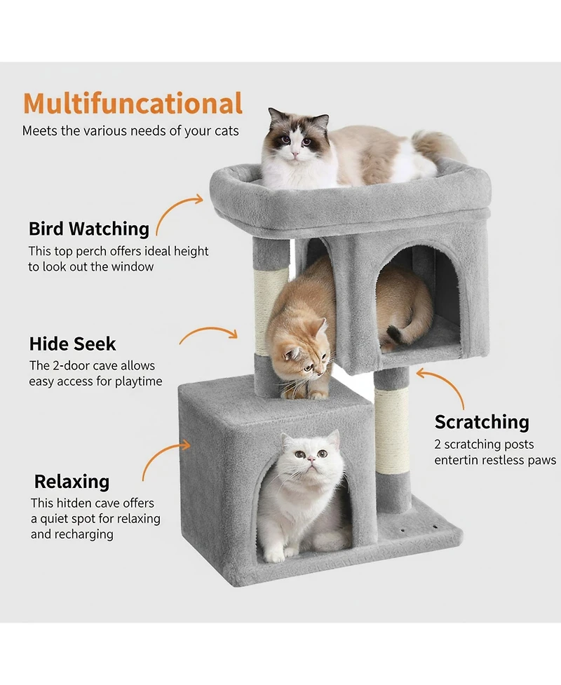 Aronkl 33.1-inch Cat Tree Tower with Large Perch 2 Caves Scratching Posts Sturdy Stable