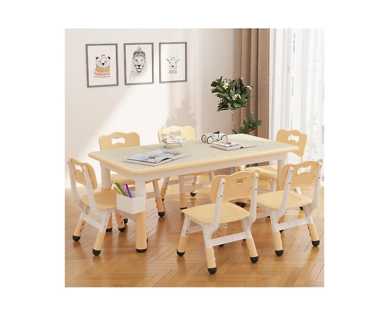 gaomon Kids Table and 6 Chair Set with Storage Box, Height Adjustable Toddler Chairs for Ages 2-10, Graffiti Desktop, Non-Slip Legs, Chi