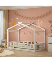 flynama Twin Size Wood House Bed Roof Fence Pine Wood Frame 7 Slats Kids Bedroom