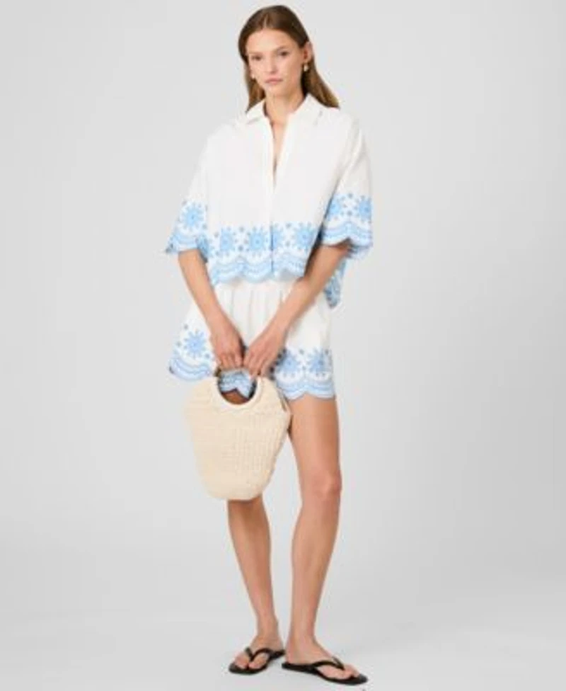 French Connection Womens Cotton Pull On Shorts Collared V Neck Blouse