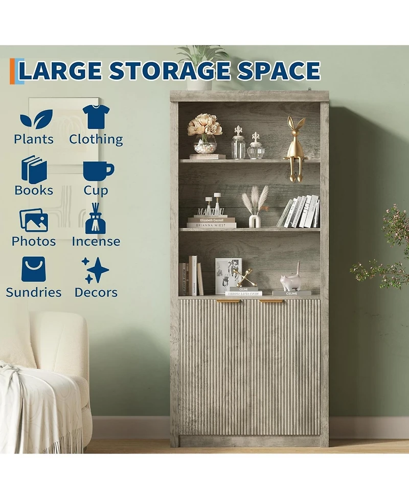 gaomon Tall Book Shelf and Bookcase, with Drawer Doors, Farmhouse Case Storage, Wood Storage Cabinet 5 Tier Display