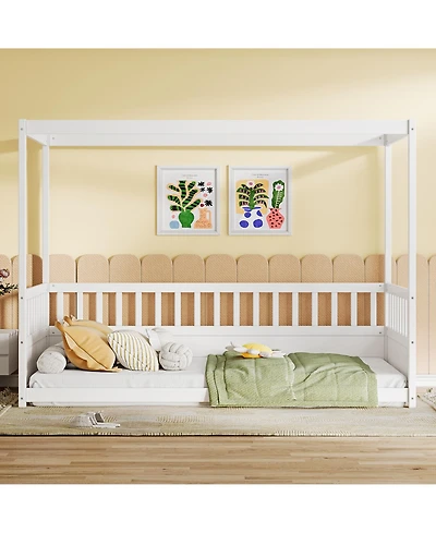 flynama Twin Size Wooden Canopy Floor Bed With Guardrails Four Poster Design For Kids