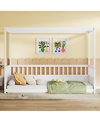 flynama Twin Size Wooden Canopy Floor Bed With Guardrails Four Poster Design For Kids