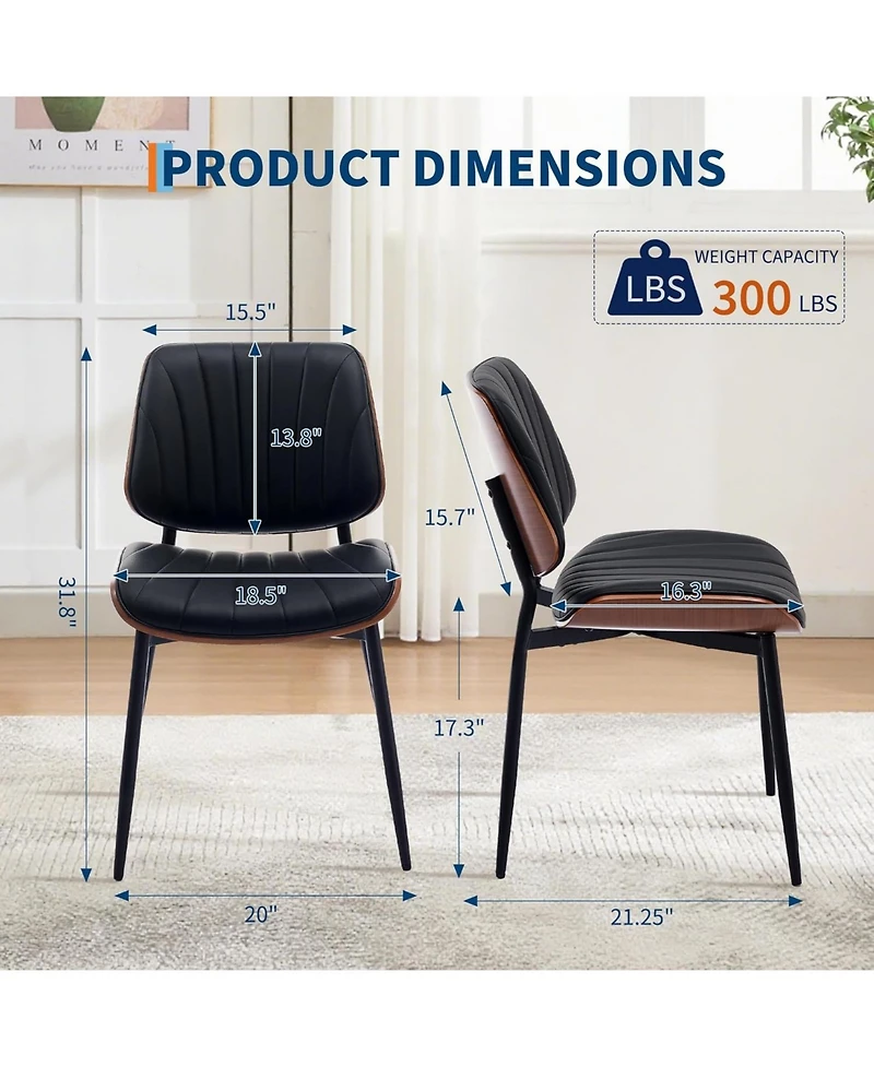 gaomon Dining Chairs Set of 2,Mid-Century Modern Upholstered Retro Pu Leather Kitchen Chairs with Walnut Bentwood Back and Metal Legs Adjustable