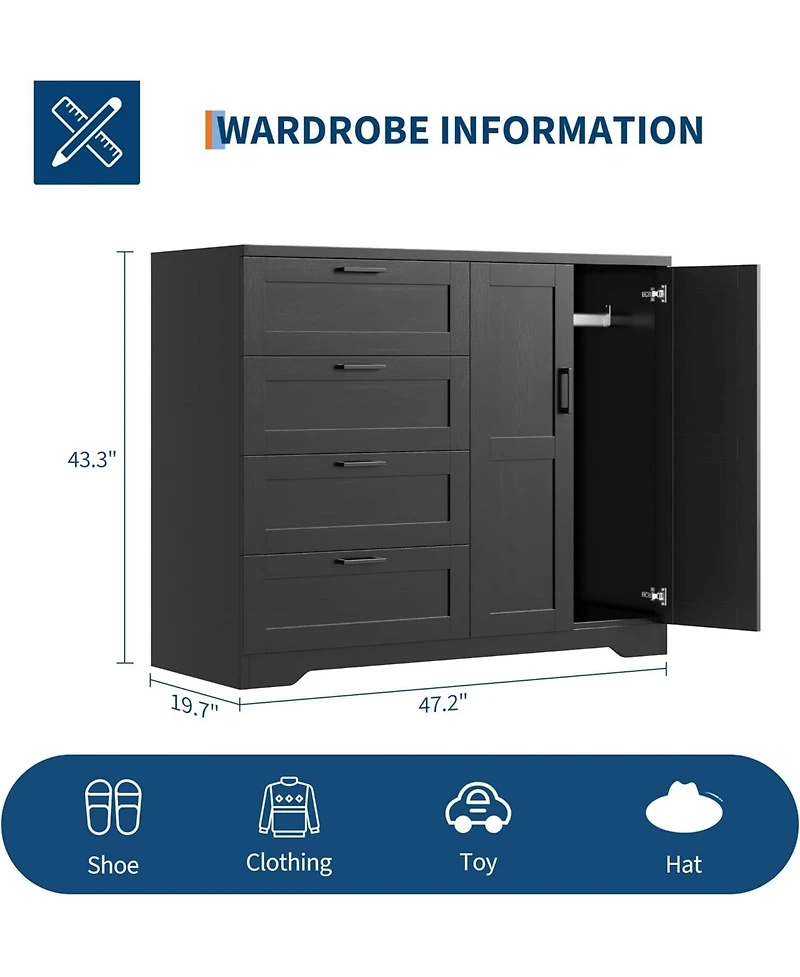 gaomon Multifunctional Wooden Dresser for Bedroom, 43.3 H 2 Door Wardrobe Armoire Closet with 4 Drawers and Hanging Rod