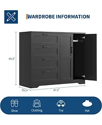 gaomon Multifunctional Wooden Dresser for Bedroom, 43.3 H 2 Door Wardrobe Armoire Closet with 4 Drawers and Hanging Rod