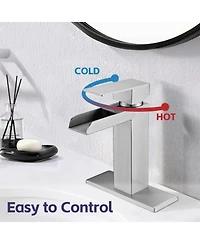 Busdays Brushed Nickel Waterfall Bathroom Faucet, Single Handle, 1/3 Hole with Deck Plate and Overflow Pop-Up Drain