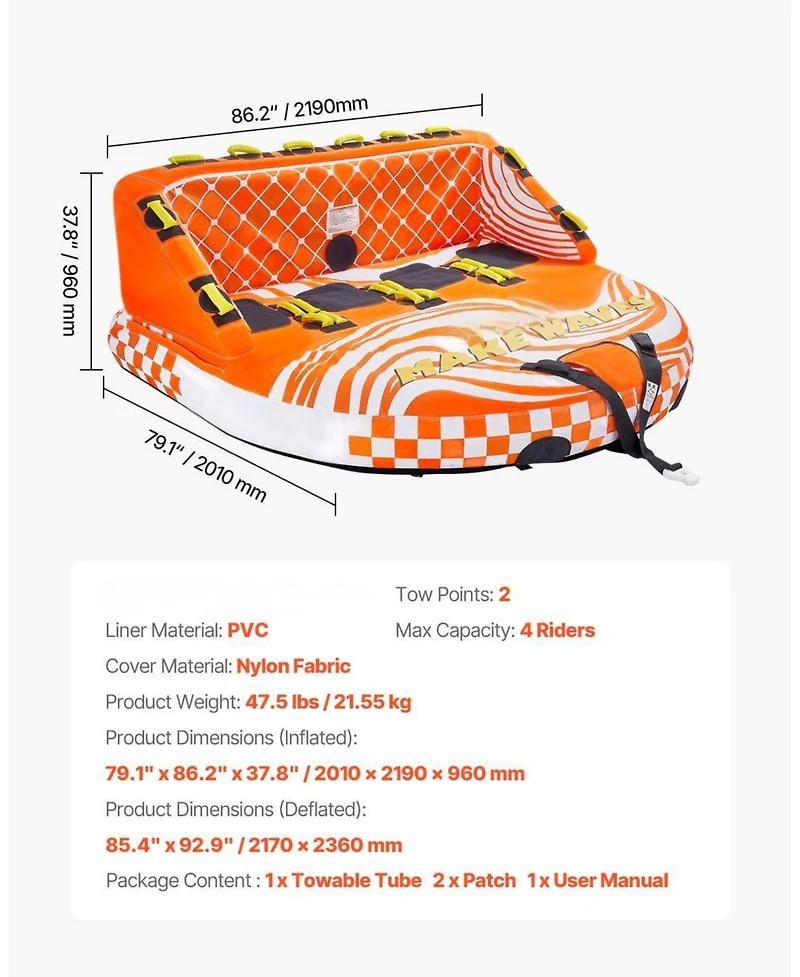 Mecale 1-4 Rider Towable Boat Tube with Nylon Cover and 22 Handles