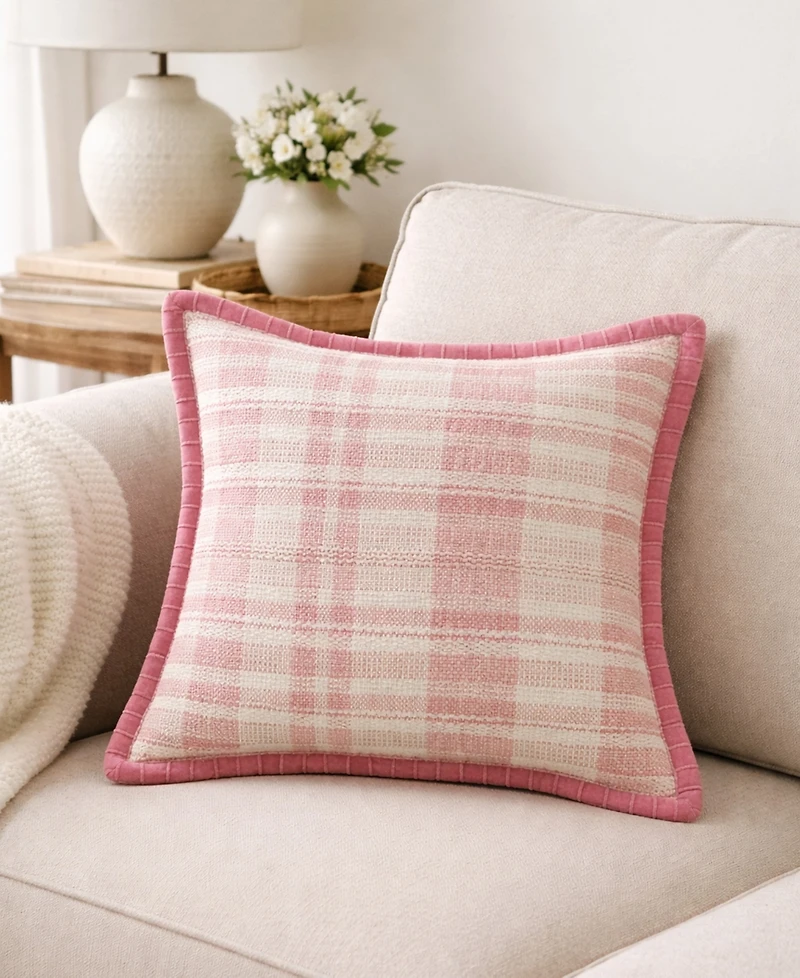 Vibhsa Soft Plaid Blue Textured Velvet Flange Decorative Pillow, 20" x 20"