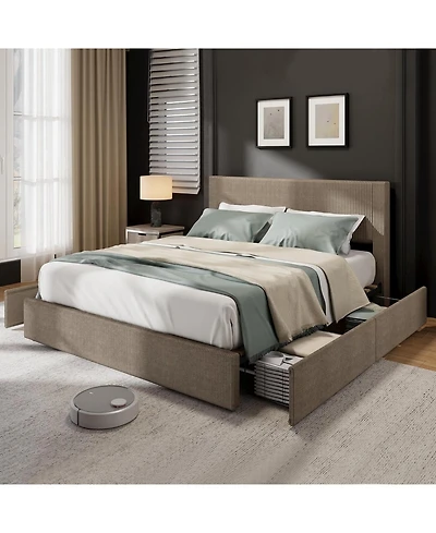 gaomon King Size Upholstered Platform Bed Frame with 4 Storage Drawers - Corduroy Tufted Wingback Headboard, Wood Slat Support, No Box Spring Needed