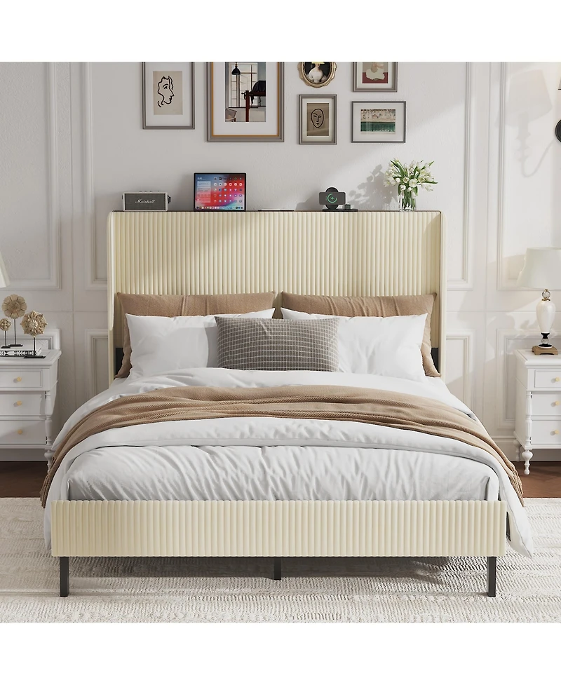 flynama Metal Platform Bed Beige Charging Station 2 Usb Ports Noise Free No Box Spring Needed