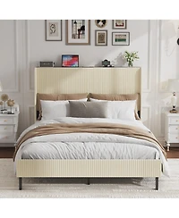 flynama Metal Platform Bed Beige Charging Station 2 Usb Ports Noise Free No Box Spring Needed