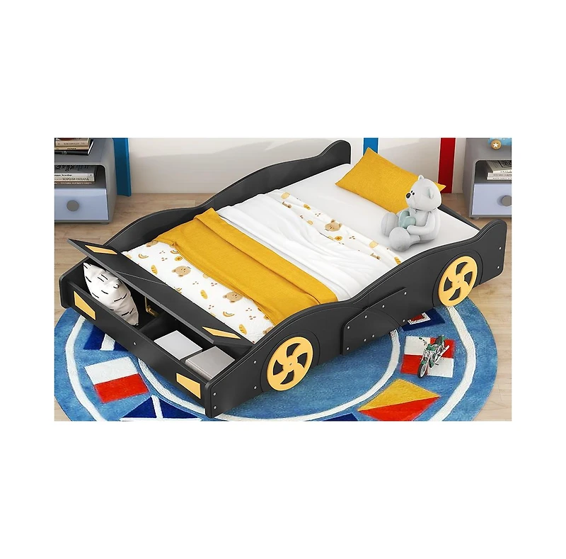 flynama Race Car Shaped Platform Bed Wheels Storage Pine Wood Mdf