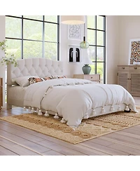 flynama Upholstered Platform Bed Saddle Curved Adjustable Headboard Diamond Tufted Beige No Box Spring