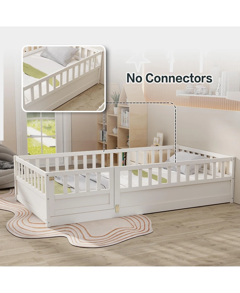 flynama Montessori Wooden Floor Bed With Support Slat High Barrier And Door