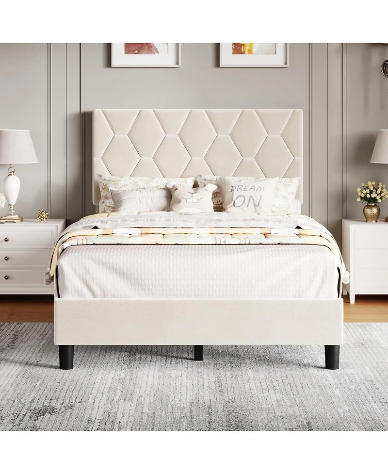 gaomon Twin Size Mdf + Iron + Fabric Diagonal Grid Soft Mattress, Comfortable Upholstered Bed Frame in Beige, No Box Spring Needed