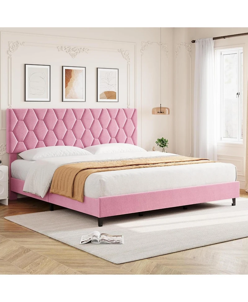 gaomon King Size Mdf + Iron + Fabric Diagonal Grid Soft Mattress, Comfortable Upholstered Bed Frame in Pink, No Box Spring Needed, Space-Saving Design