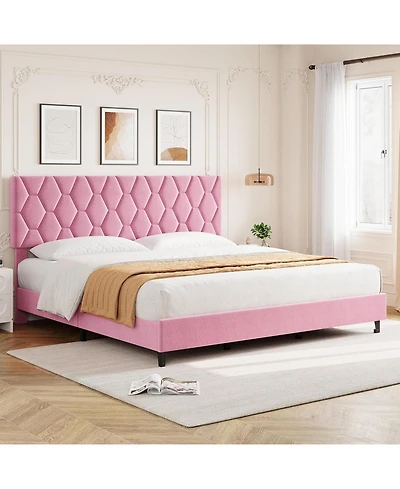 gaomon King Size Mdf + Iron + Fabric Diagonal Grid Soft Mattress, Comfortable Upholstered Bed Frame in Pink, No Box Spring Needed, Space-Saving Design
