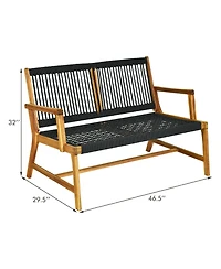 Gymax Wooden Rope Bench Loveseat Patio Garden Outdoor w/ Backrest and Armrest