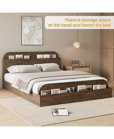 gaomon Full Size Bed Frame with Wooden Storage Headboard, Low Platform Design, Sturdy Wooden Slats, No Box Spring Needed for Bedroom, Space-Saving