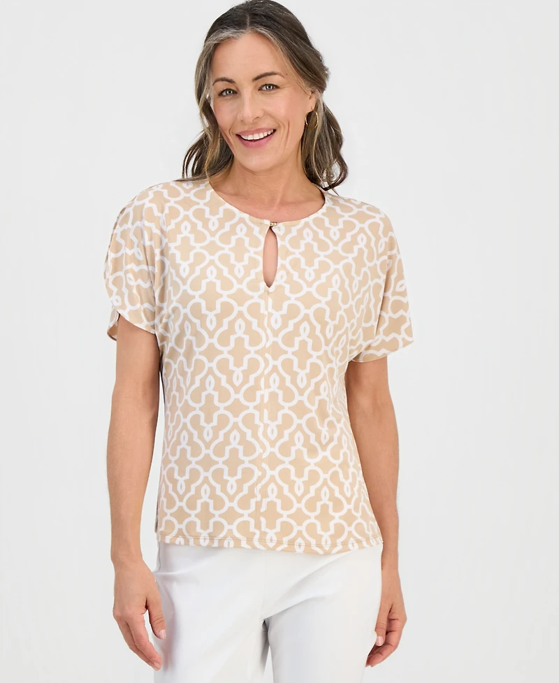 Jm Collection Petite Printed Keyhole Split-Sleeve Top, Macy's Exclusive