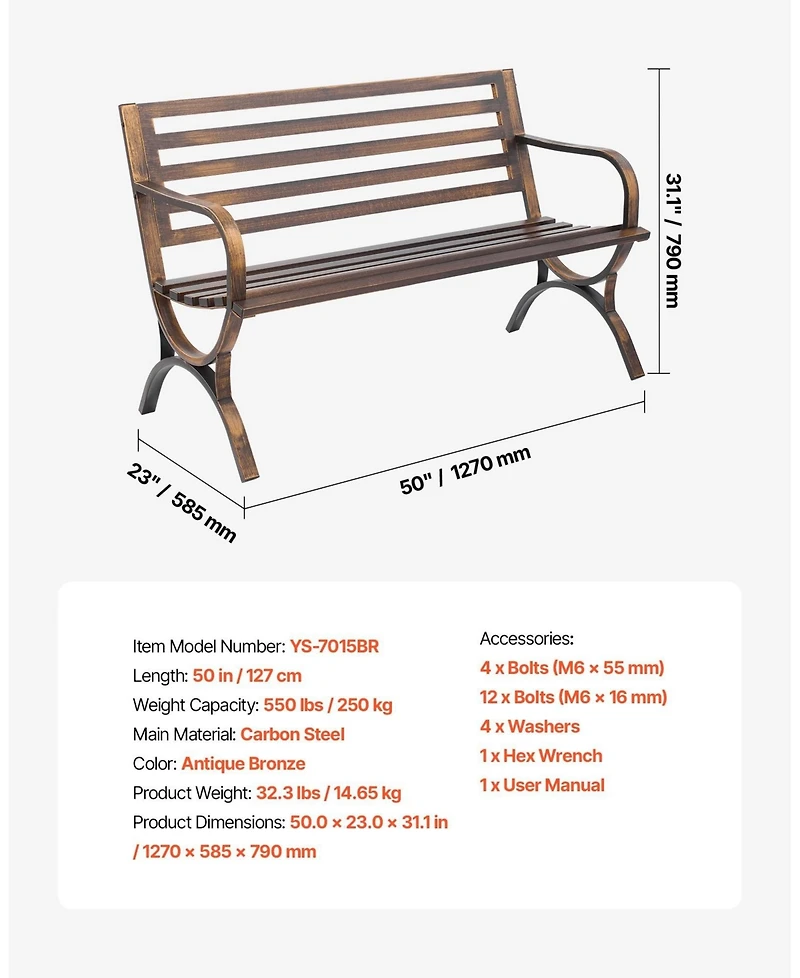 Gouun Carbon Steel Outdoor Bench with Slatted Backrest