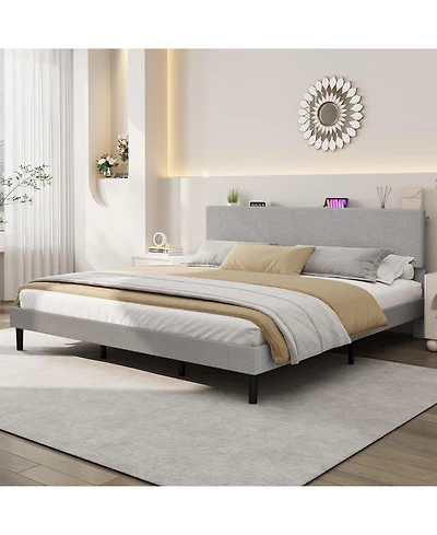 gaomon King Size Corduroy Mdf Bedhead Storage Bed, Upholstered Frame, Spacious Storage, Comfortable Mattress, No Box Spring Needed