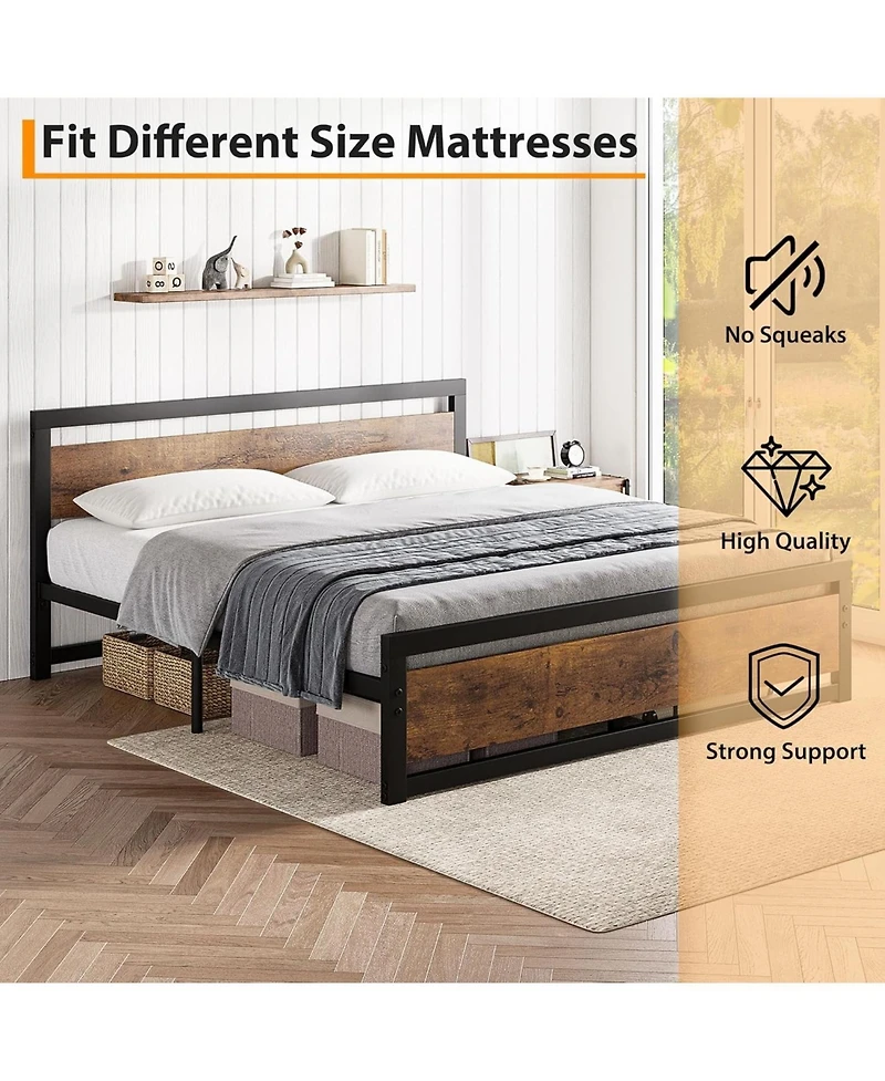 gaomon King Bed Frame, Metal Platform with Wooden Headboard and Footboard, Non-Slip Heavy Duty, Large Under Bed Storage, Noise-free, No Box Spring