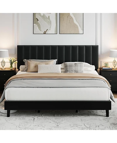 gaomon King Size Velvet Iron Mdf Vertical Pattern Soft Bag Basic Bed, Black Upholstered Bed Frame, Stylish Design, Comfortable Mattress, No Box Spring