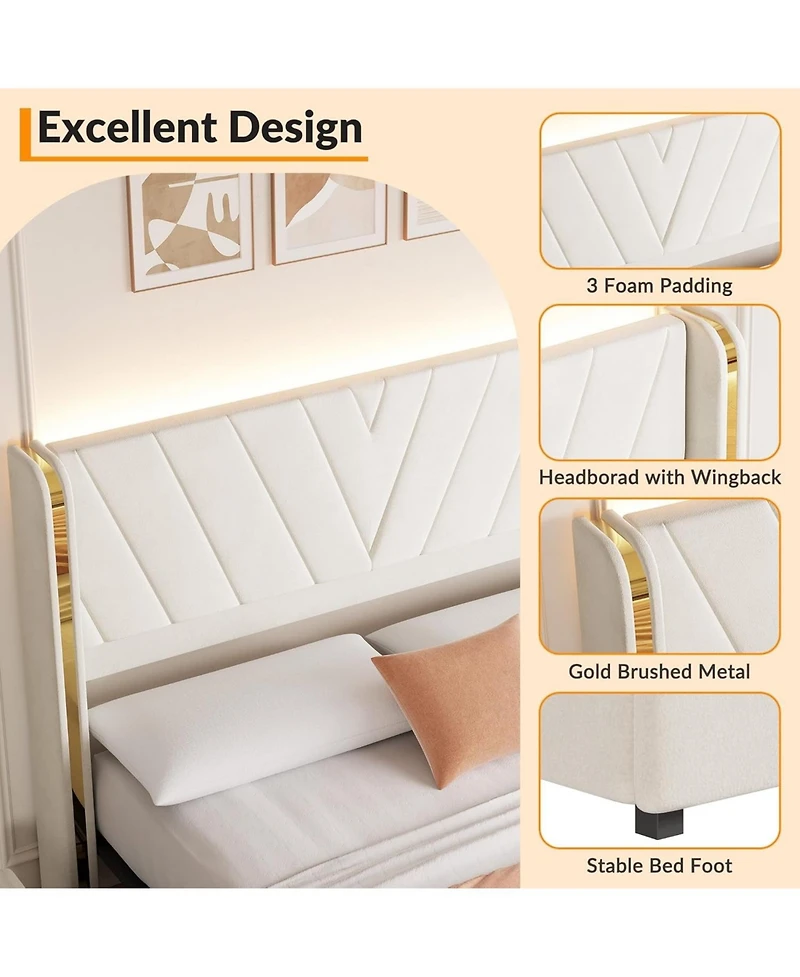 gaomon Queen Velvet Platform Bed Frame with 4 Storage Drawers, Rgb Led Lights & Wingback Headboard, Noise-Free, No Box Spring, Easy Assembly