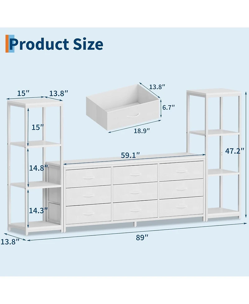 gaomon Tv Stand Dresser for 75 Inch Tv, Large Entertainment Center with Fabric Drawers & 4 Tier Storage Shelves