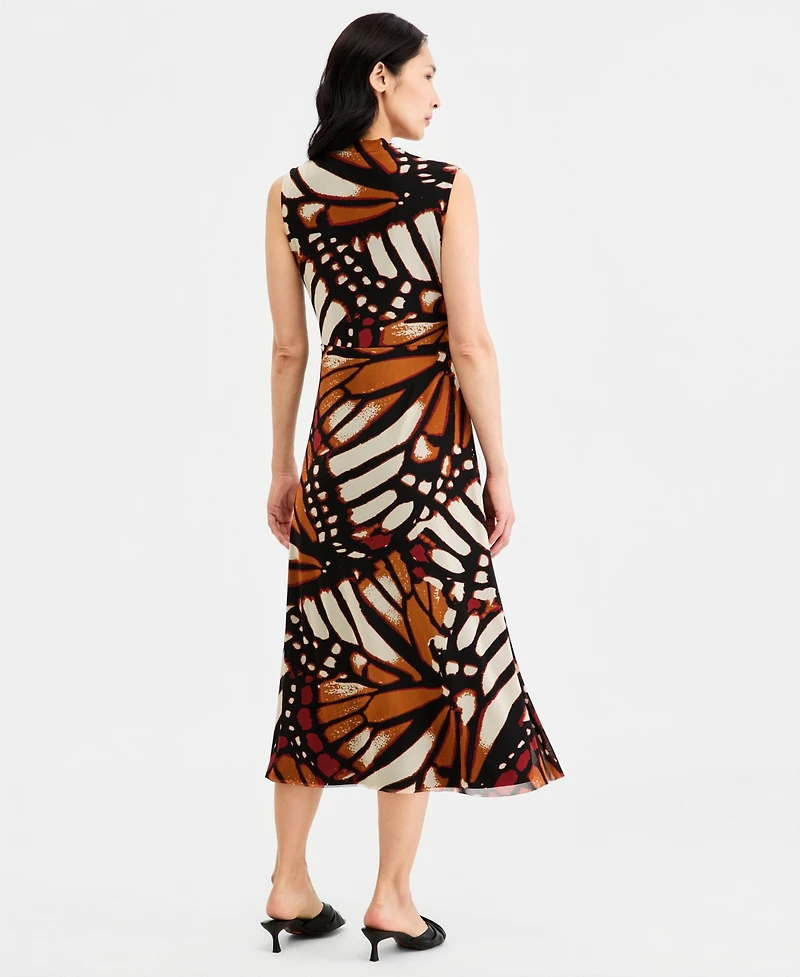 Anne Klein Women's Twist Front Sleeveless Midi Printed Mesh Dress