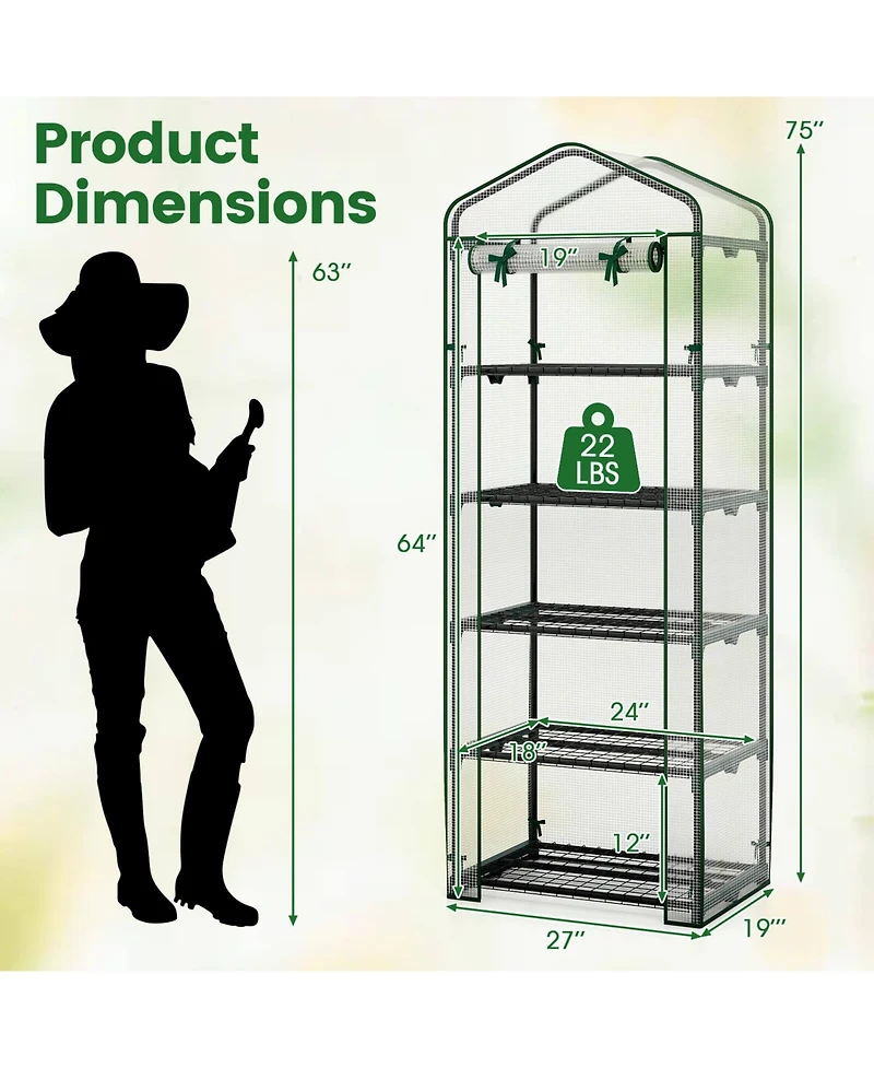 Costway 27" x 19" x 75" Mini Greenhouse with 5 Tier Shelves, Pe Cover, Roll-Up Zipper Door
