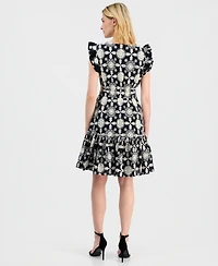 Anne Klein Women's V-Neck Ruffle-Sleeve Embroidered Cotton Dress