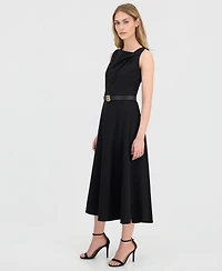 Anne Klein Women's Asymmetric-Neck Belted Midi Dress