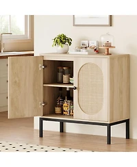 gaomon Set of 2 Rattan Sideboard Chest of Drawers with 2 Rattan and Wood Doors, Adjustable Shelves, Metal Feet, 80 cm Wide