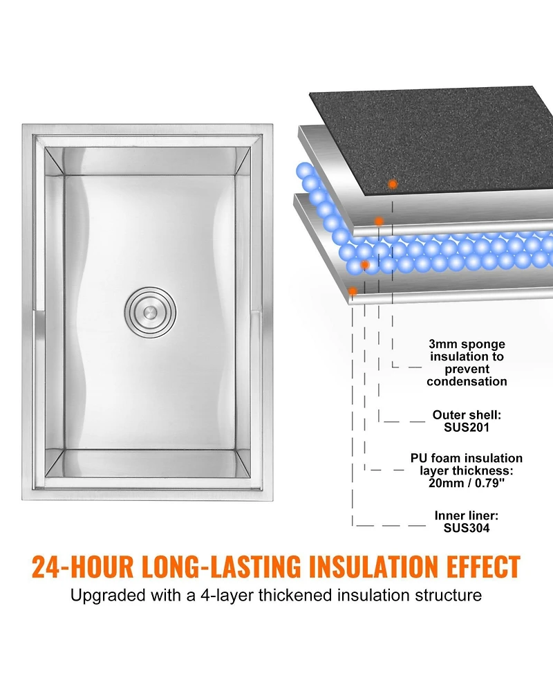 Mecale Drop-In Stainless Steel Ice Chest, 40.9 Qt with Sliding Lid