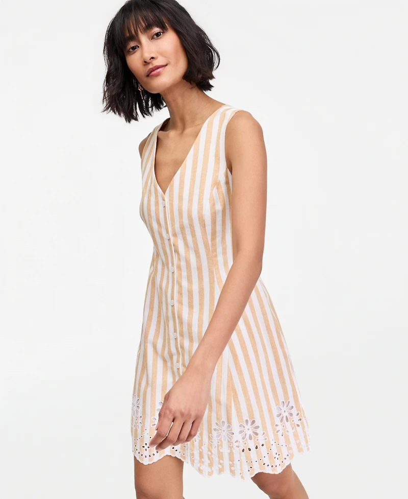 On 34th Women's Striped Linen Blend Embroidered Button-Front Mini Dress, Macy's Exclusive