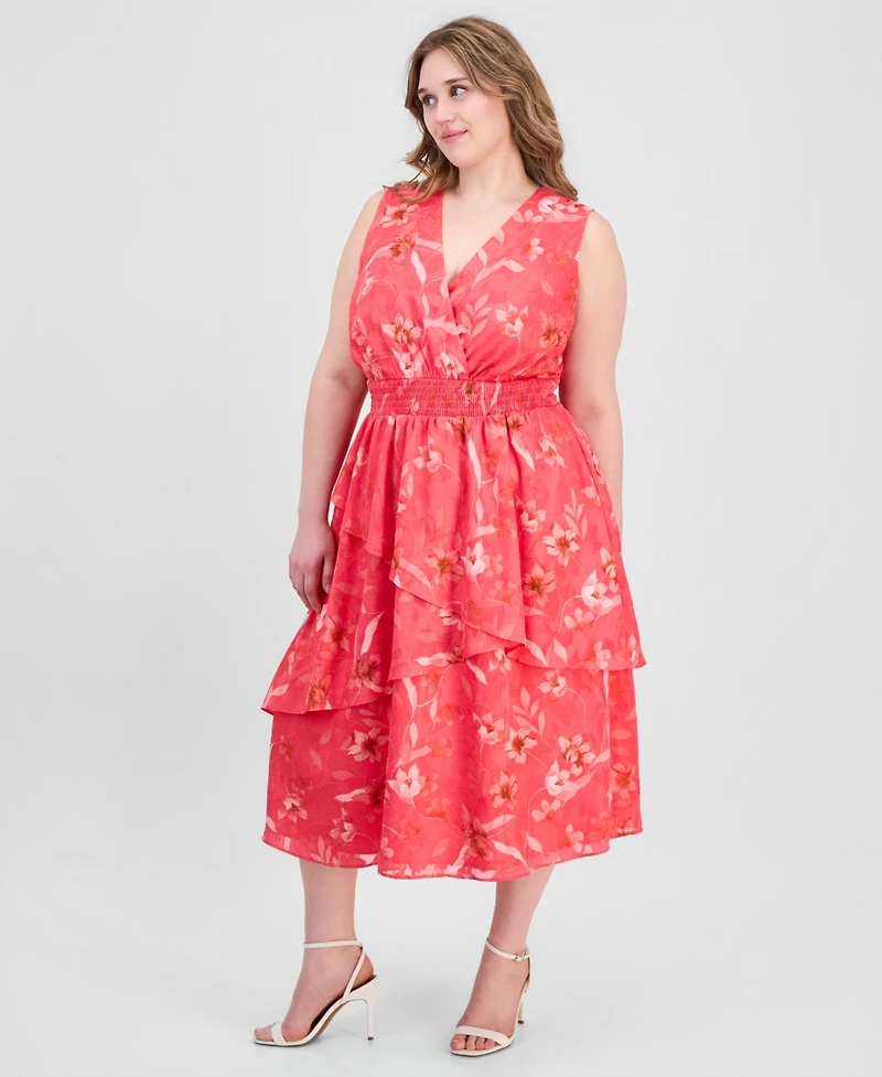 Anne Klein Plus Smocked-Waist Tiered Midi Dress